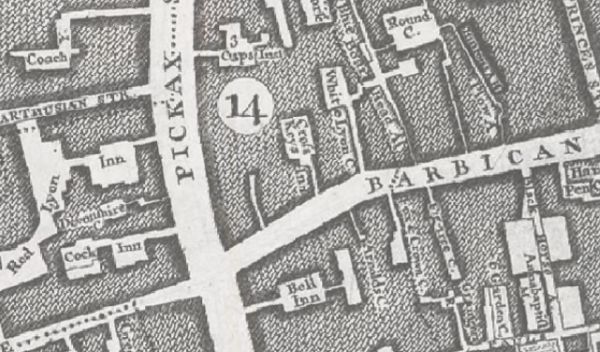 The John Rocques map of London in 1746 marks the Bell Inn, Aldersgate street ; the Cross Keys Inn, Barbican ; Cock Inn, Pickax street ; Red Lyon Inn, Pickax street amd the Three Cups Inn, Pickax street / Aldersgate Street.