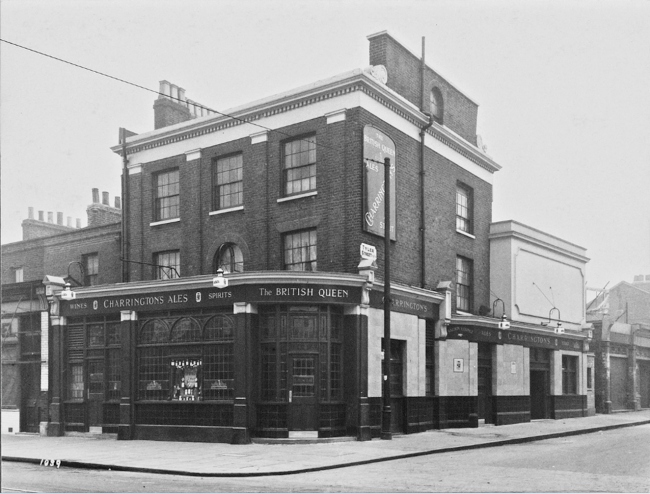 The British Queen, Trafalgar Road at the corner of Tyler Street, in 1939, shows the pub with its new fitted windows, doors and signage.