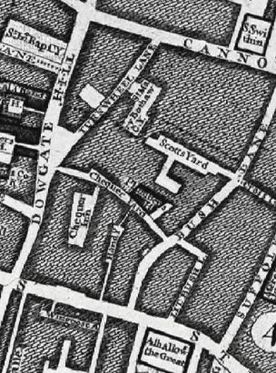 The John Rocques Map of London in 1756 clearly marks the Chequers Inn and also the Chequers yard which runs between Dowgate hill and Bush lane.