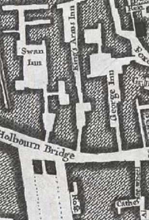 Swan Inn, Holborn Bridge in mappping by Rocques in 1746; and also Kings Arms, and George Inn; plus Rose Inn further down.
