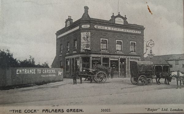 The Cock Inn, Palmers Green with landlord named as William Binfield, with building date of 1885